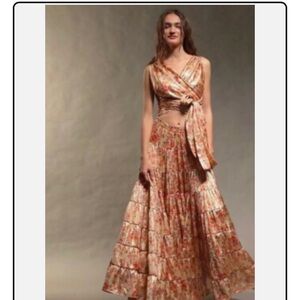 Free People Something Magical Gold and Red Maxi Sundress with Flutter Sleeves